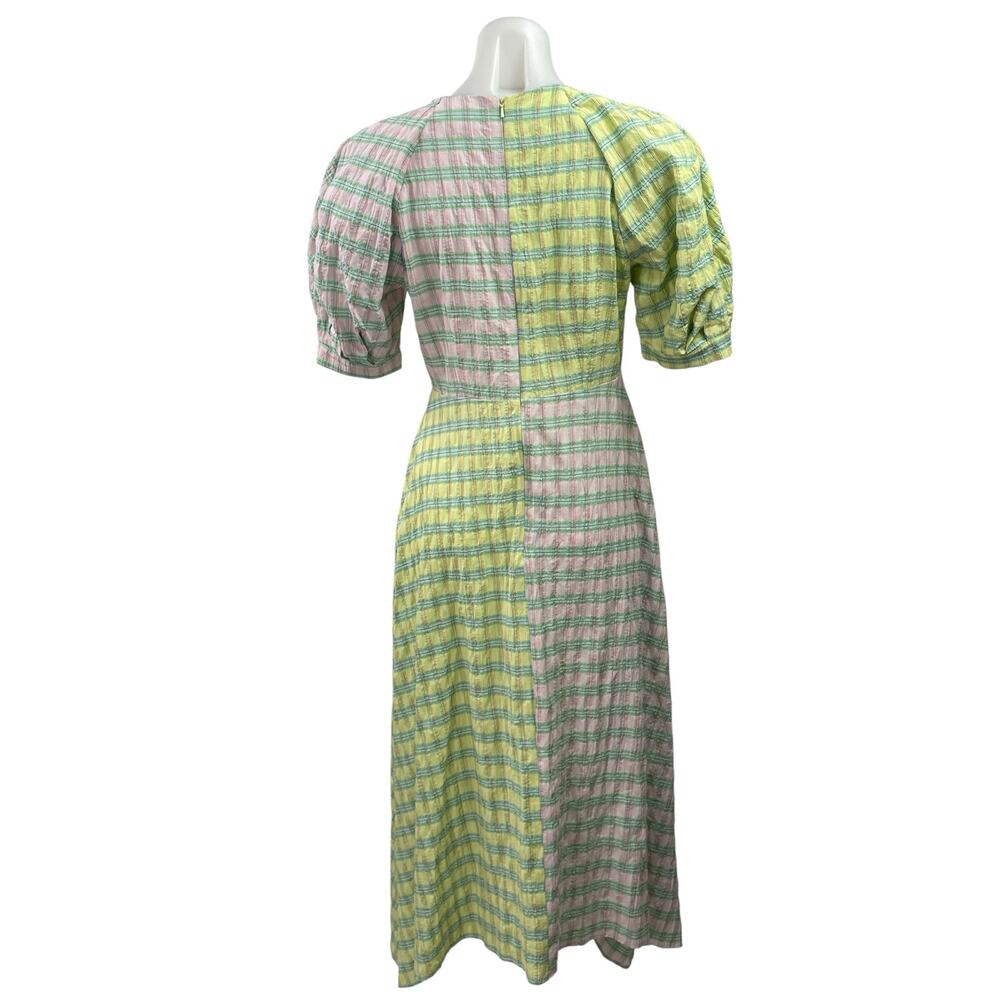 Topshop Green Pink Gingham Check Puff Sleeve Colorblock A Line Midi Dress Size 4 - Picture 3 of 5